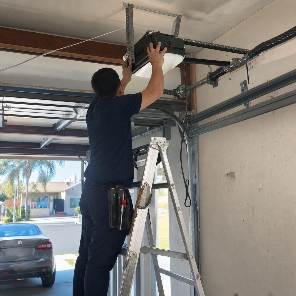 Technician installing a garage door opener motor on a ceiling